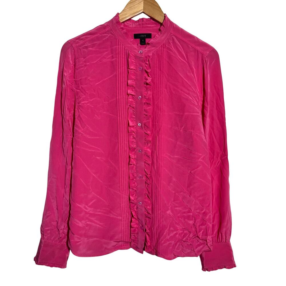 J.Crew 100% Silk Ruffle Button Up Blouse Women 12 Pink Modest Old Money Preppy